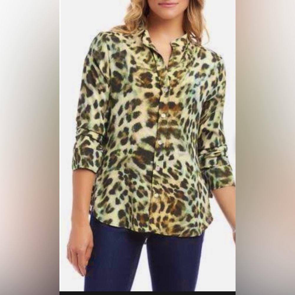NWT KAREN KANE 3/4 Leopard Print Button Down Top Blouse Olive Green Large $140
